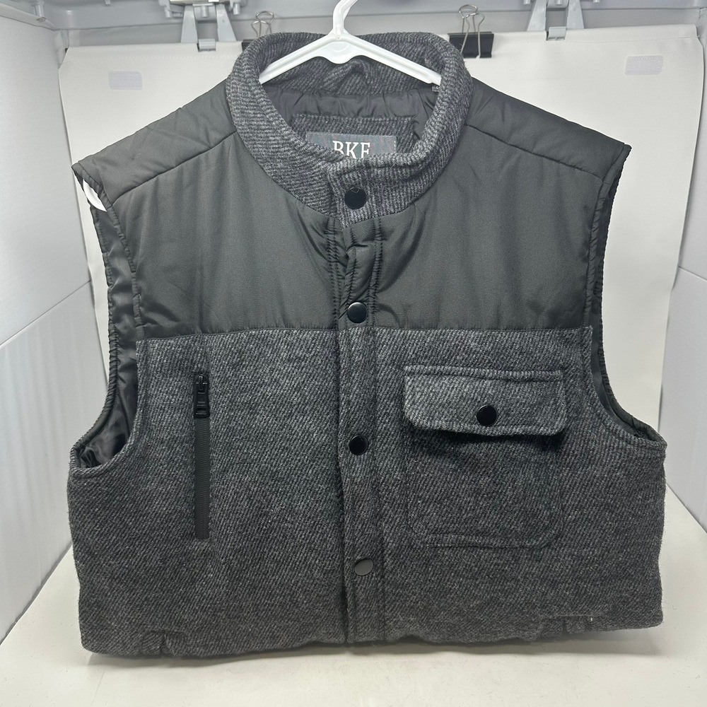 BKE Vest Men M Gray Mixed Media Wool Blend Puffer Snap Front Herringbone Padded